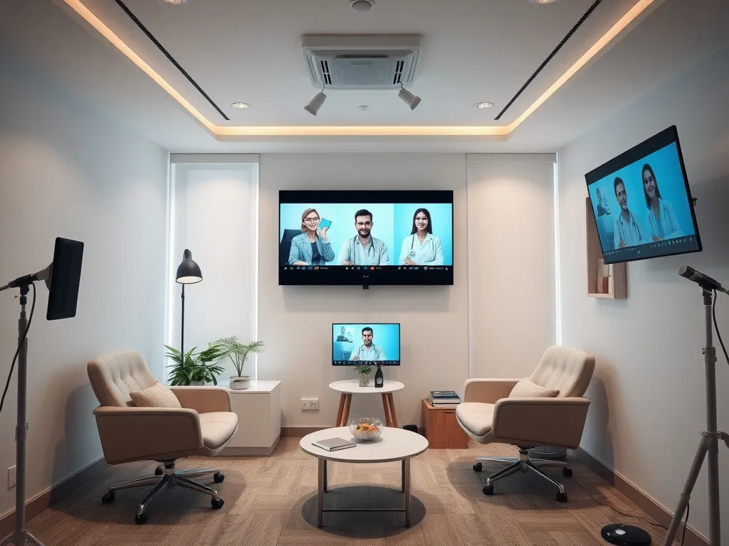 Imagery of a serene consulting room with digital technology setup, showcasing screens for virtual consultations, highlighting comfort and technology in healthcare environments.
