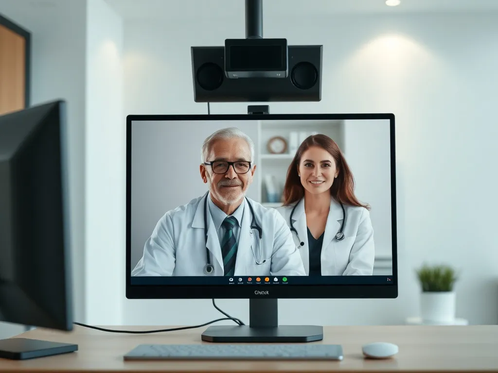 A professional medical editorial photograph of a virtual consultation in a modern clinic setting; a doctor and patient in a video call, each on a computer screen, with professional lighting and a minimalist background.