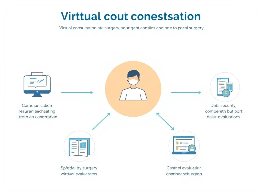 A detailed schematic illustration showing the step-by-step virtual consultation process for surgery, with icons representing communication, data security, and medical evaluation, clinical illustration style.