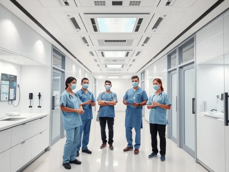 A modern health tourism clinic in Turkey, showcasing sleek and advanced facilities, clean minimalist design aesthetic, professional medical staff in scrubs with digital healthcare technology