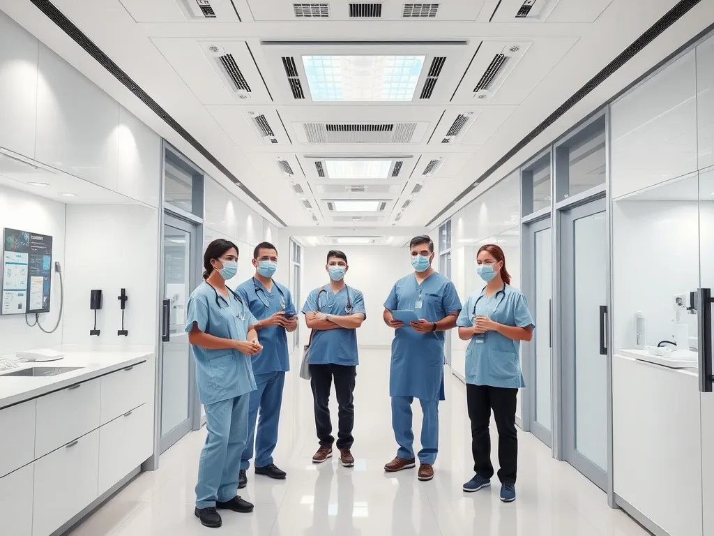 A modern health tourism clinic in Turkey, showcasing sleek and advanced facilities, clean minimalist design aesthetic, professional medical staff in scrubs with digital healthcare technology