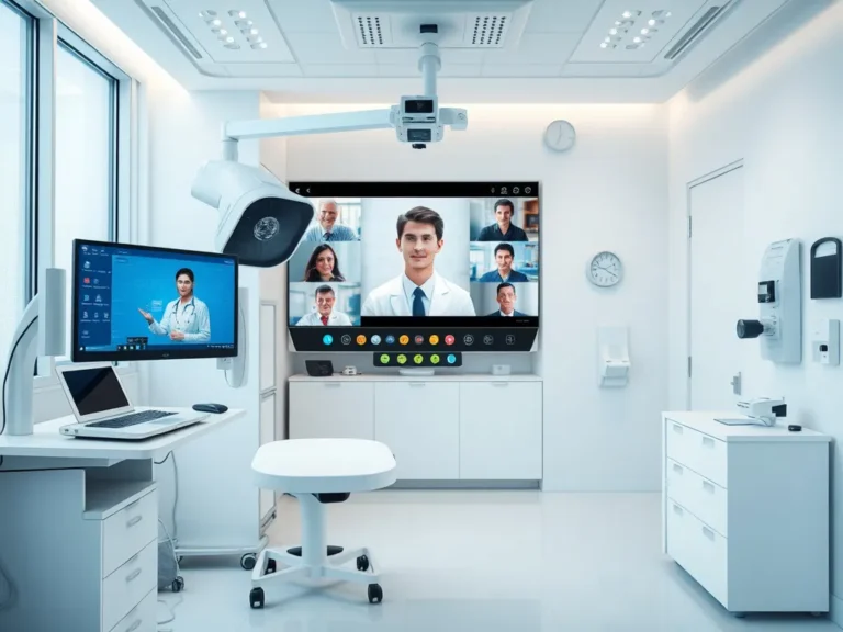 A modern medical facility with digital consultation equipment, professional medical editorial photography, clean and minimalistic clinic interior, showcasing remote healthcare technology