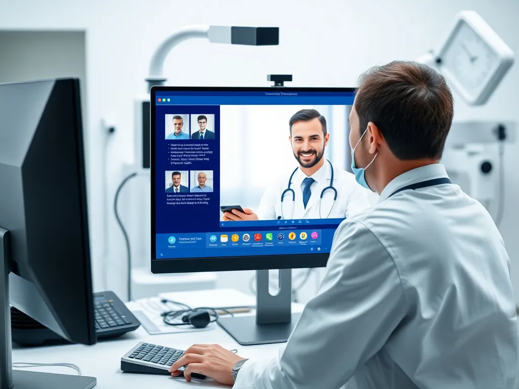 A modern telemedicine setup showing a doctor conducting an online consultation on a computer, professional, high-quality, with medical equipment in the background.