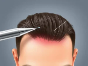 تصوّر لقلم تشوي المستخدم في زراعة الشعر بتقنية DHI، ضمن رسم طبي توضيحي مفصل يشرح تقنية الزراعة المباشرة.
