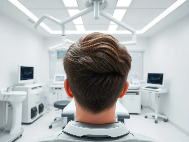 Modern hair transplant clinic interior with advanced equipment, professional medical editorial photograph, clean minimalist setting, photorealistic