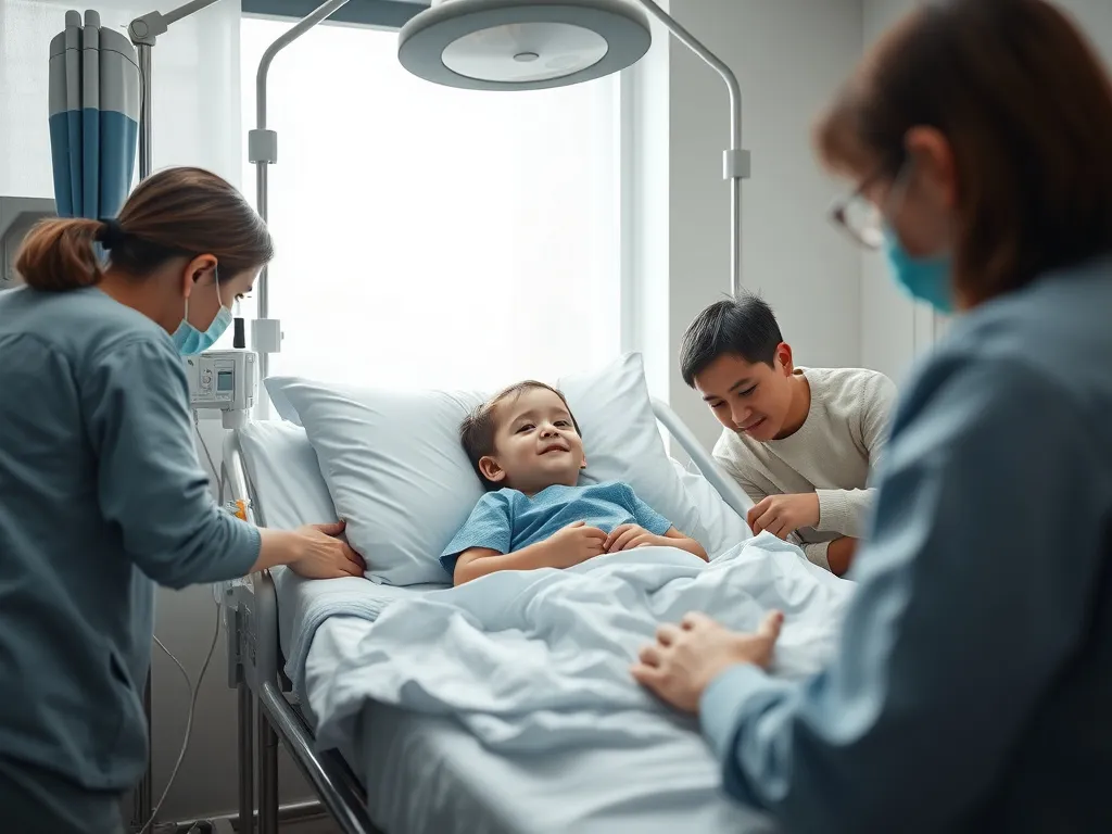 A child recovering post-surgery in a hospital room in Turkey, family support, comfortable setting, clean, photorealistic