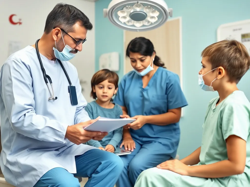 A family consulting with a pediatric surgeon in Turkey, discussing treatment plans, multicultural setting, professional environment, high quality