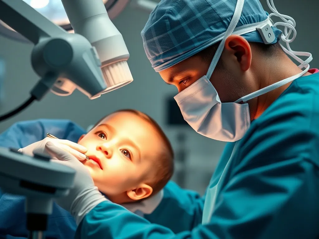 Pediatric surgeon performing robotic surgery, detailed, advanced surgical tools, photorealistic, high quality, sterile environment