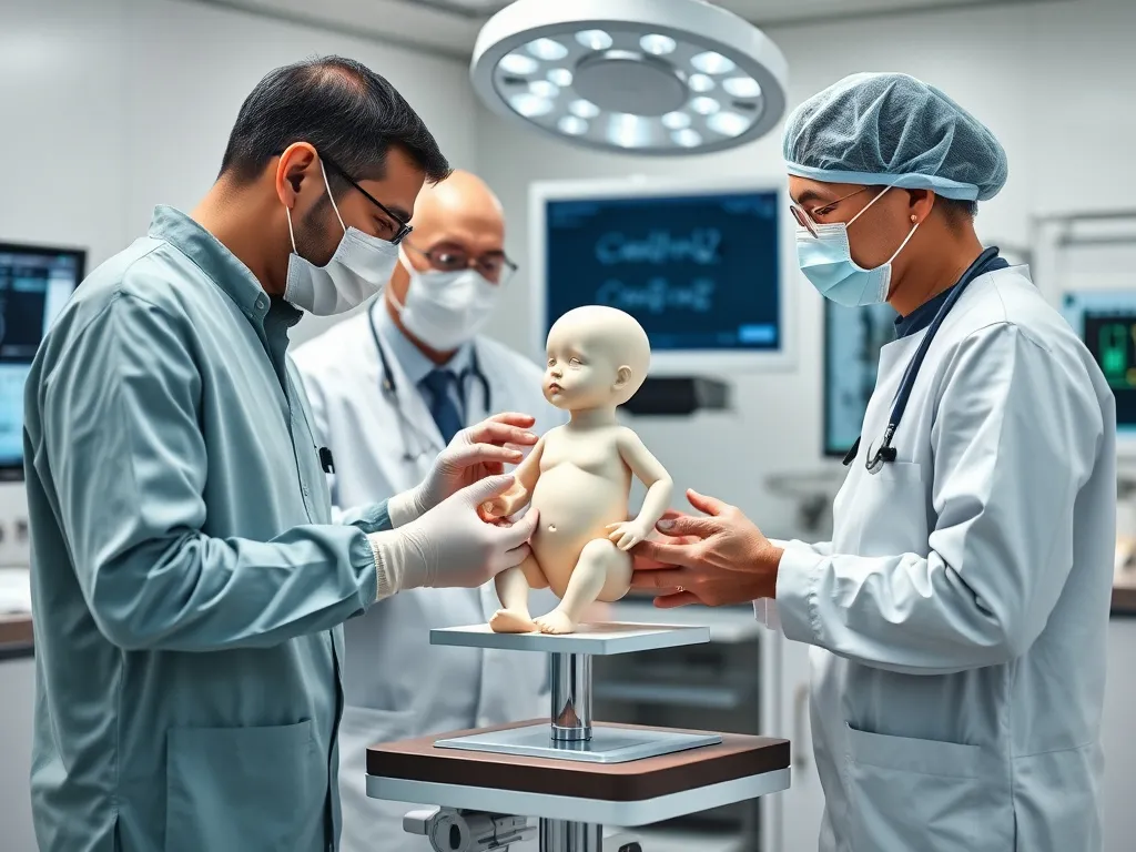 Use of 3D model in planning pediatric surgery, surgeons discussing the model, high tech, professional environment