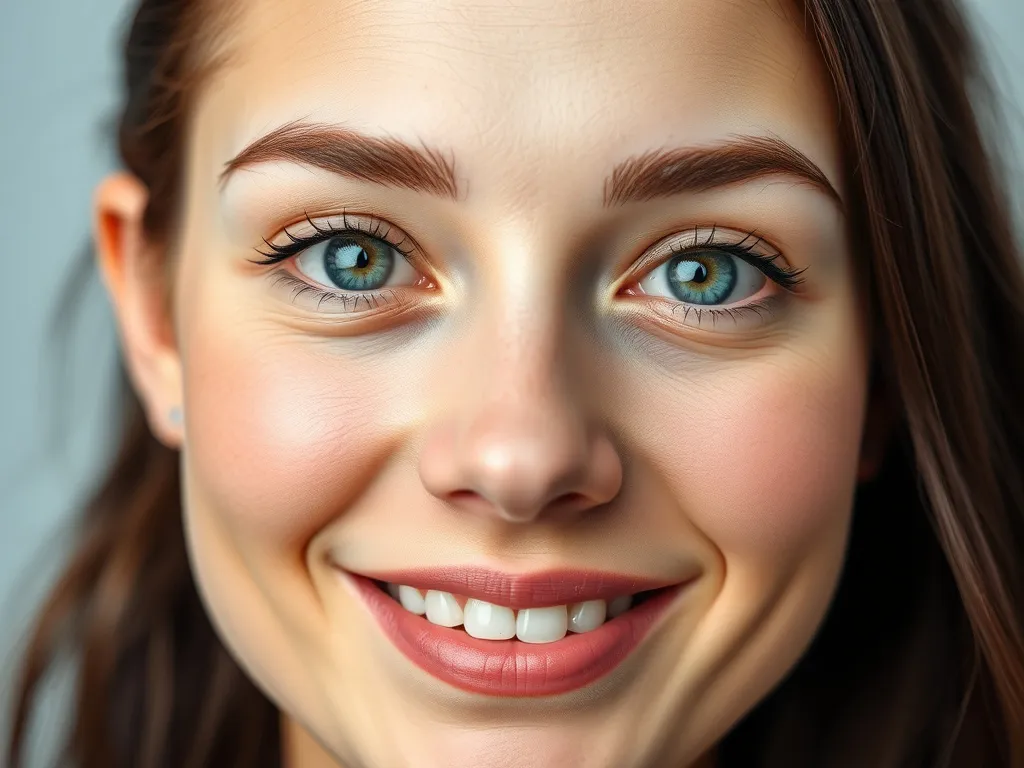 Close-up of a successful patient smiling after laser eye surgery, youthful woman with clear eyes, photorealistic, professional photography style