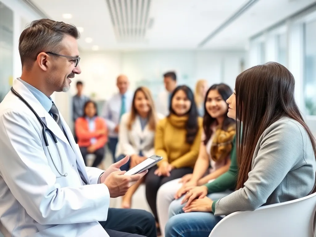 Doctor consulting patients in a modern clinic, professional setting, diverse group of people, friendly atmosphere