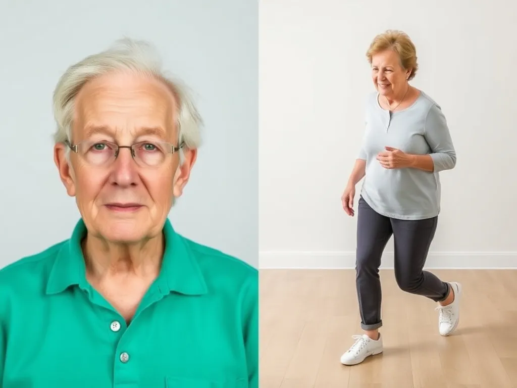 Before and after image of a Parkinson's patient benefiting from deep brain stimulation, focusing on improved mobility, professional portrait style