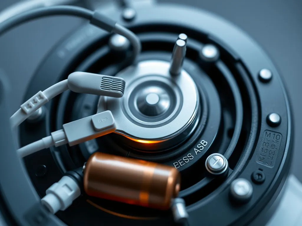 Close-up of a medical device for deep brain stimulation, including electrodes and battery, detailed and modern design, professional photography