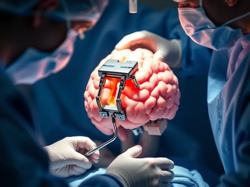 Surgical scene showing implantation of a deep brain stimulation device, with medical team in operation, high-definition and focused on precision