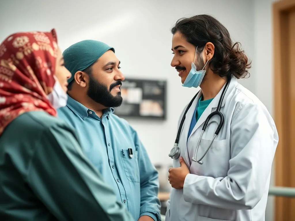 Healthcare provider speaking Arabic to a patient, multicultural medical environment, highlighting cultural sensitivity and linguistic accommodation