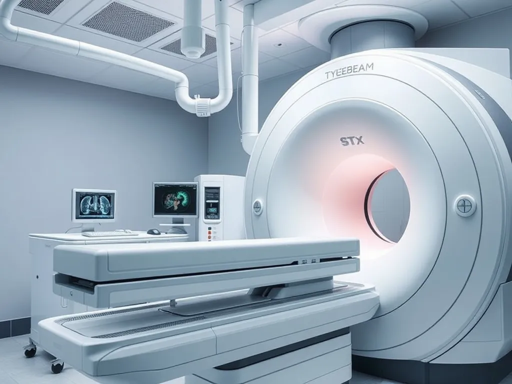 High-tech cancer treatment equipment like TrueBeam STx and CyberKnife, detailed view, sophisticated medical technology, precise radiation targeting