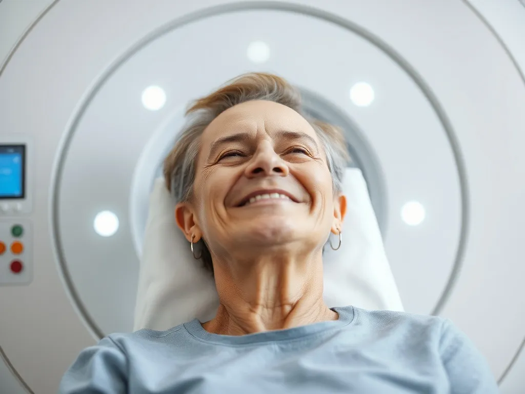 A patient undergoing advanced radiotherapy, positive and hopeful expression, depicting successful cancer treatment