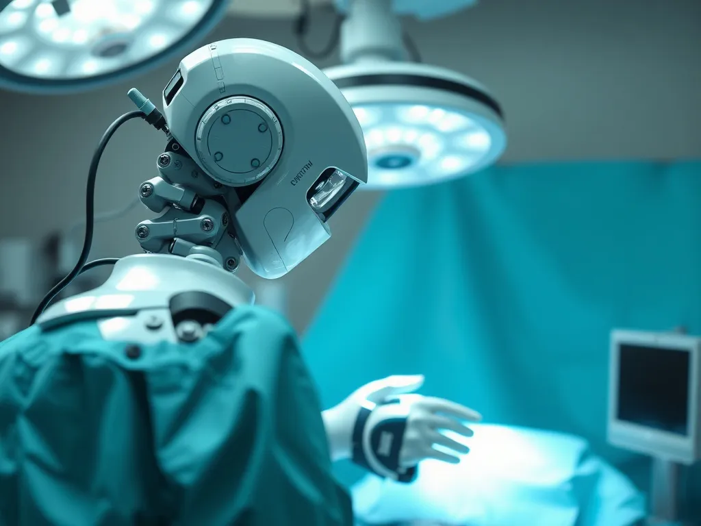 Surgical robot used in cancer treatment, photorealistic, professional lighting, illustrating minimally invasive procedures