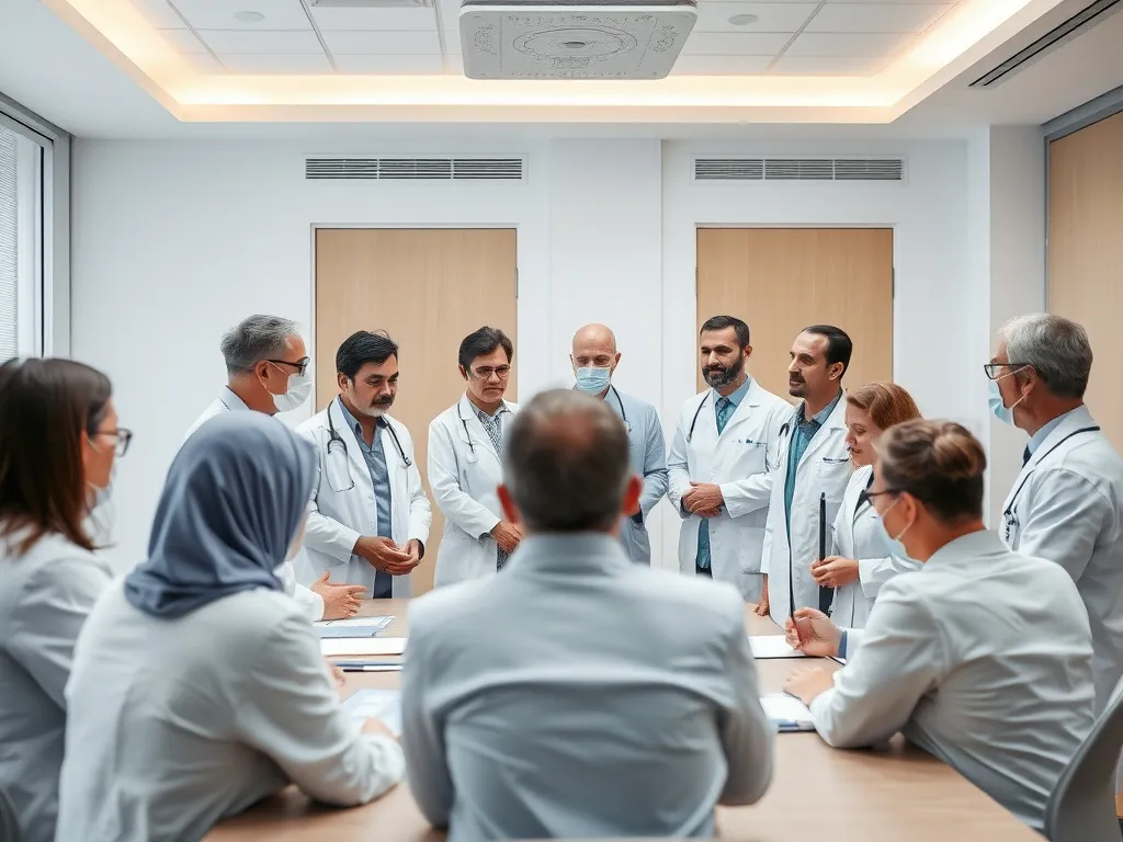 Medical professionals in Turkey discussing patient treatment plans, diverse team including oncologists and hematologists, modern hospital conference room, high quality, professional setting