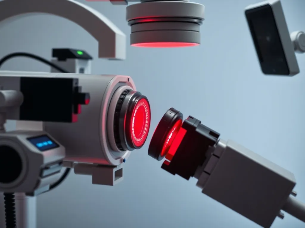 Laser eye surgery equipment in use, detailed, clean background, high-tech medical machinery