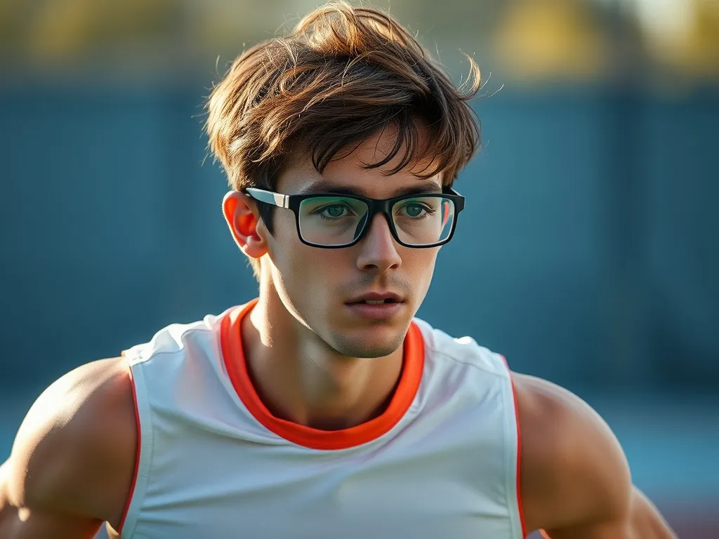 Person playing sports without glasses or contact lenses, photorealistic, vibrant colors, active lifestyle