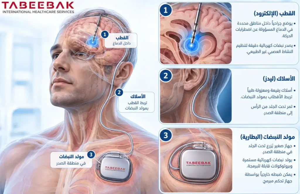 مكونات جهاز التحفيز العميق للدماغ الأقطاب والأسلاك والبطارية