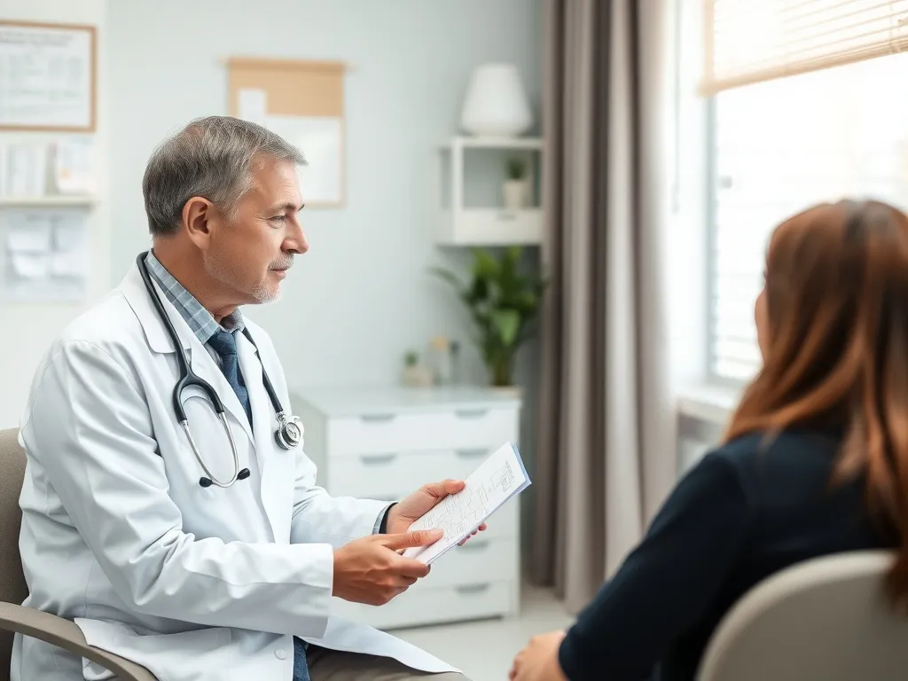 Doctor consulting with patient in medical office, discussing treatment plans, professional setting