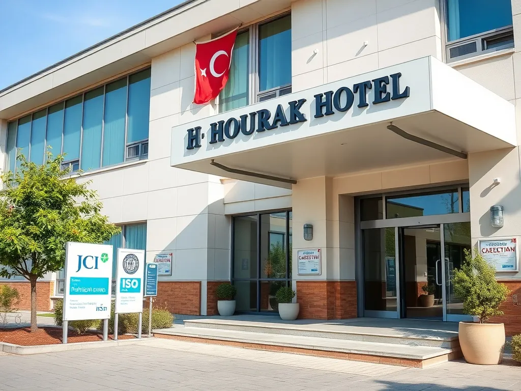 Exterior of a Turkish hospital with professional accreditation signs like JCI and ISO, clear day, photorealistic