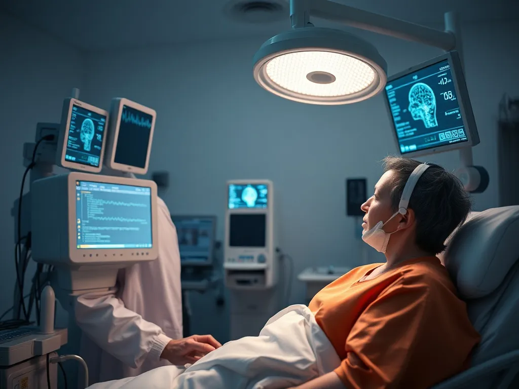 Hospital scene with EEG monitoring and a patient interacting with medical professionals, high-tech, professional lighting