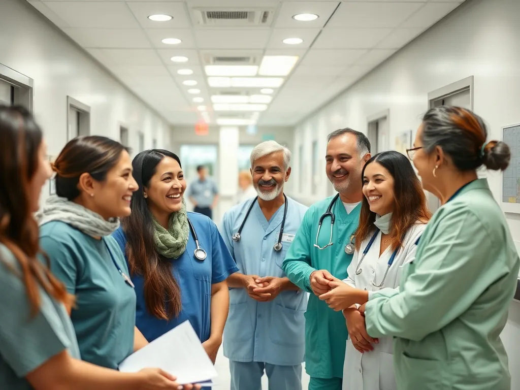 International patients smiling and talking to medical staff in a welcoming Turkish hospital, showcasing satisfaction and cultural diversity