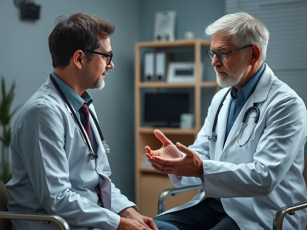 Neurologist consulting with a patient about epilepsy medication, detailed, professional atmosphere, photorealistic