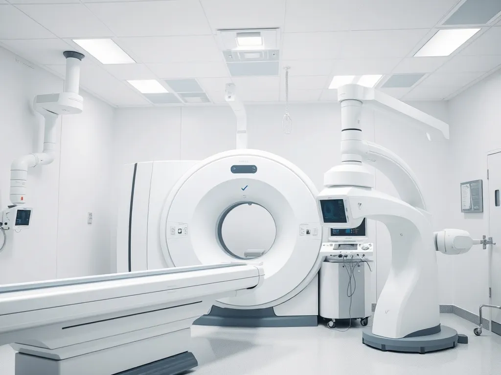 Advanced medical technologies being used together, including a linear accelerator, CyberKnife, Gamma Knife Perfexion, Da Vinci Xi robotic system, in a clean and modern hospital setting