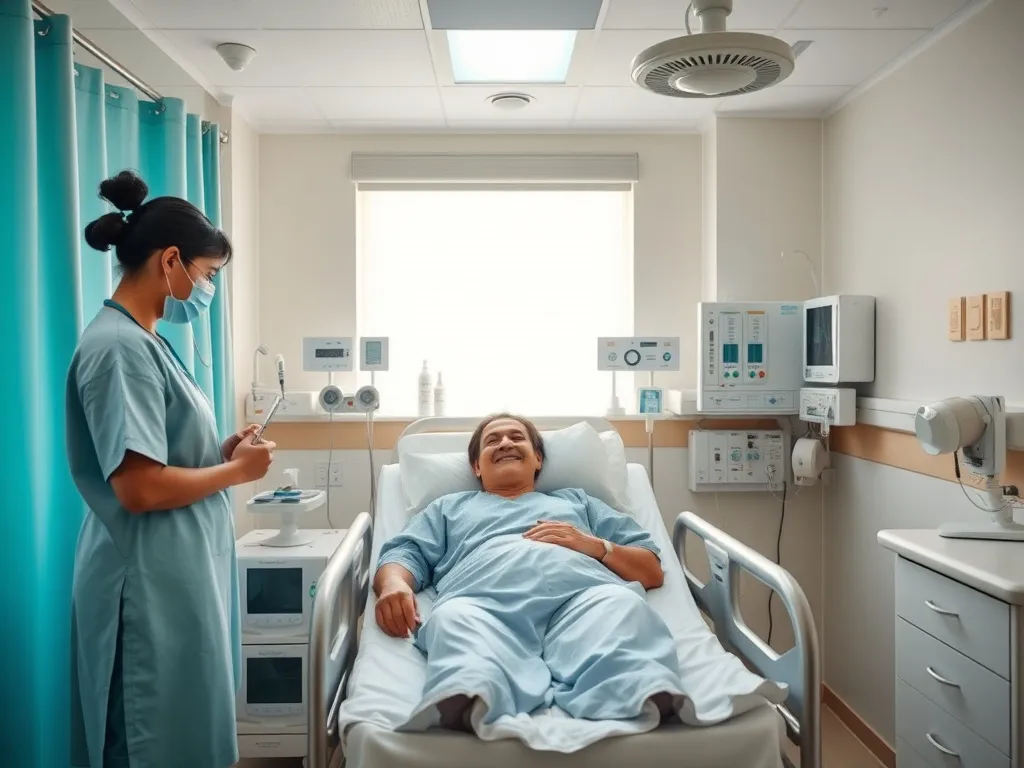 A comforting hospital room with international patient receiving care, supportive staff, and modern amenities, professional and inviting atmosphere