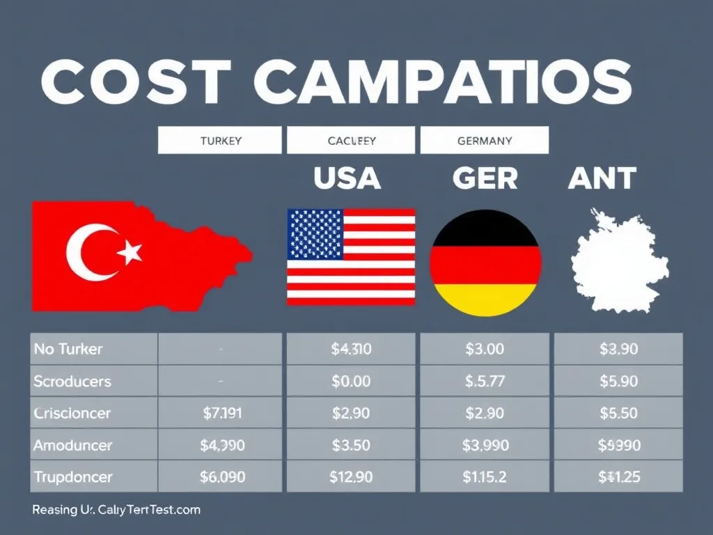 Cost comparison chart illustrating cancer treatment costs in Turkey versus the USA and Germany, realistic visual representation, no text or labels