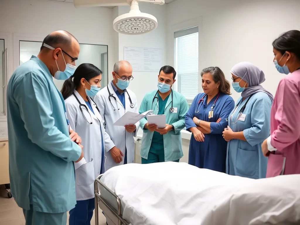 A group of professional doctors and staff in a Turkish hospital, multicultural team discussing a patient's treatment plan, high quality, professional photography