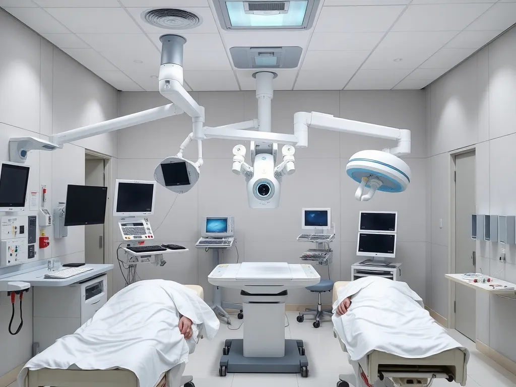Interior of Acibadem Healthcare Group hospital in Istanbul, advanced diagnostics and robotic surgery setup, professional photography with patients receiving care
