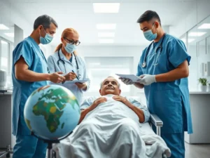 A photorealistic depiction of an international patient receiving aftercare support, with medical professionals discussing recovery plans in a modern hospital setting, globe symbolizing global reach, high quality, professional lighting, and a clean background.