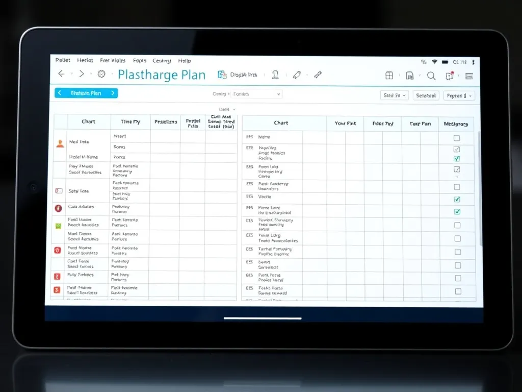 A detailed image of a digital discharge plan layout on a tablet screen, showing charts and medication lists, professional lighting, high quality, modern technology setting.