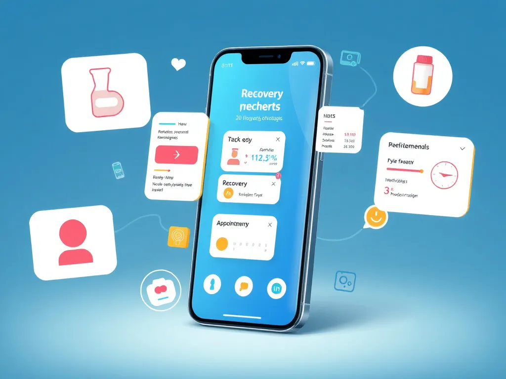 Illustration of digital tools and apps on a smartphone, emphasizing medication tracking, recovery progress, and appointment reminders, integrated with technological elements, professional lighting, high quality.