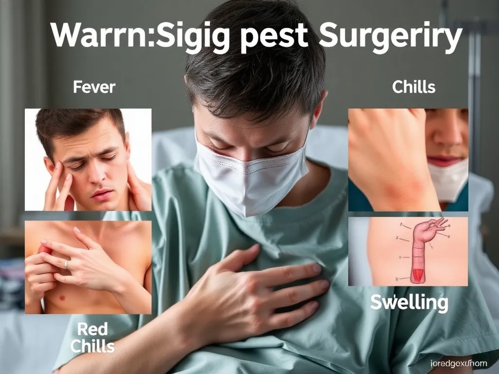 An informative depiction of warning signs post-surgery, like a visual of fever, chills, redness on skin, and swelling, with a focus on symptoms, photorealistic, high quality.
