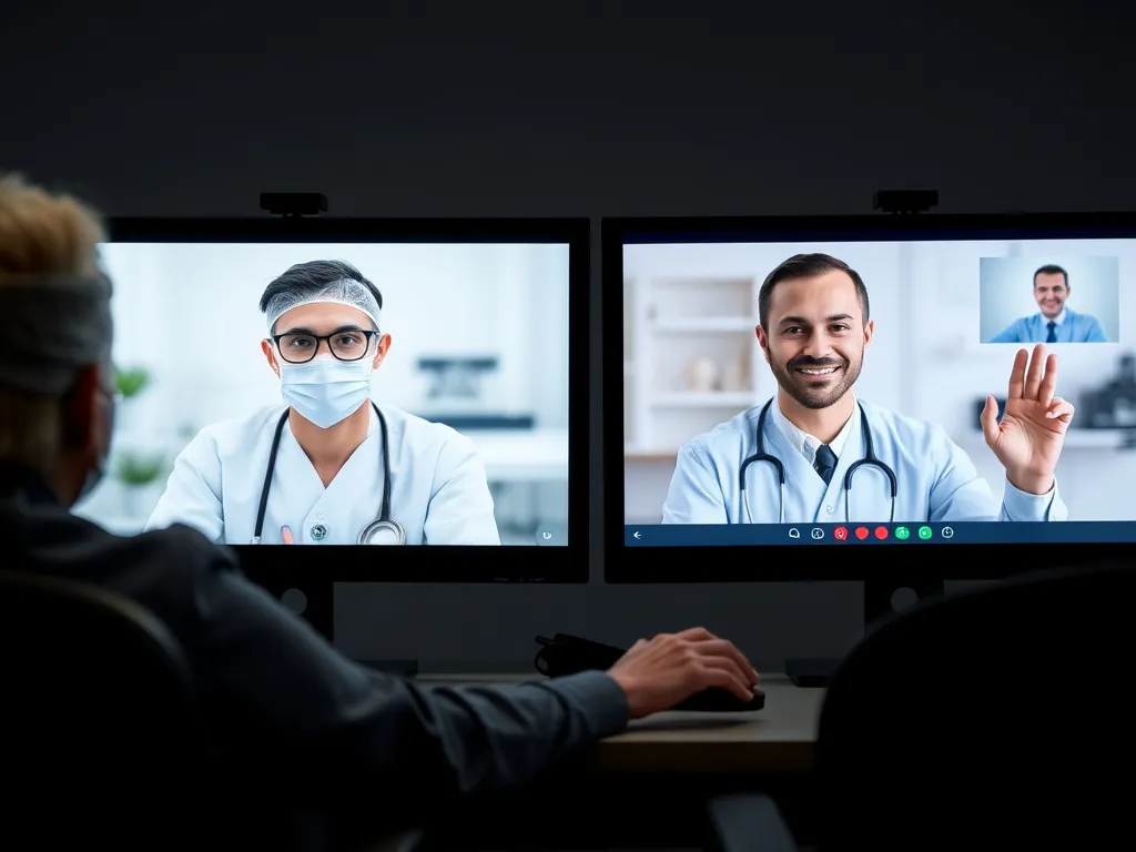 A telehealth session between a patient and an overseas surgeon, both on screens, showcasing a video call interface, detailed, professional lighting, emphasizing modern communication technology.