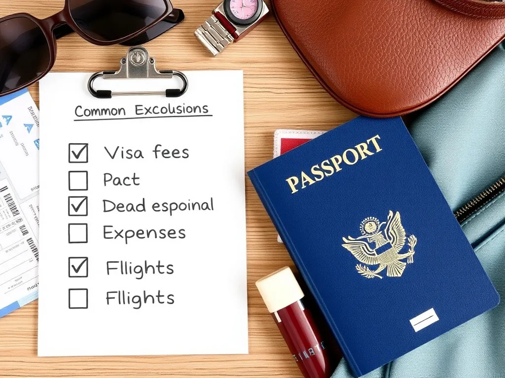 Conceptual image of travel essentials like passports, flight tickets, and personal items beside a checklist marked with 'Visa Fees', 'Personal Expenses', and 'Flights', illustrating common exclusions