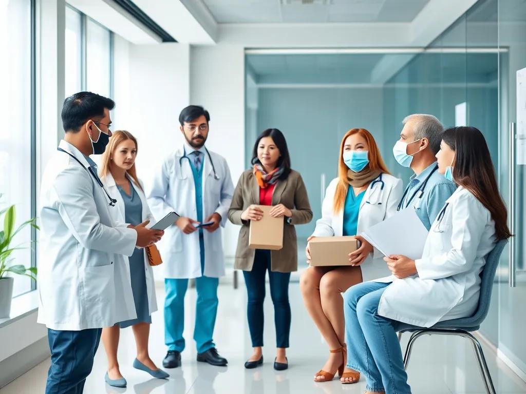 Professional patient consultation scene in a modern clinic, showing a diverse group of international patients discussing their packages with doctors, illustrating the diverse patient experiences