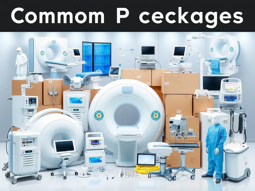 Realistic image of a variety of medical equipment such as MRI machines, hospital rooms, and surgical equipment, illustrating the common inclusions in medical packages