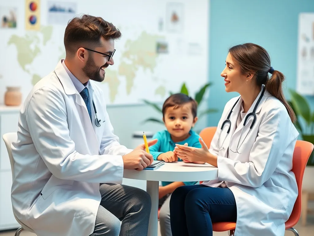 International patient consultation with a pediatric immunologist, warm interaction, family-friendly setting, high quality