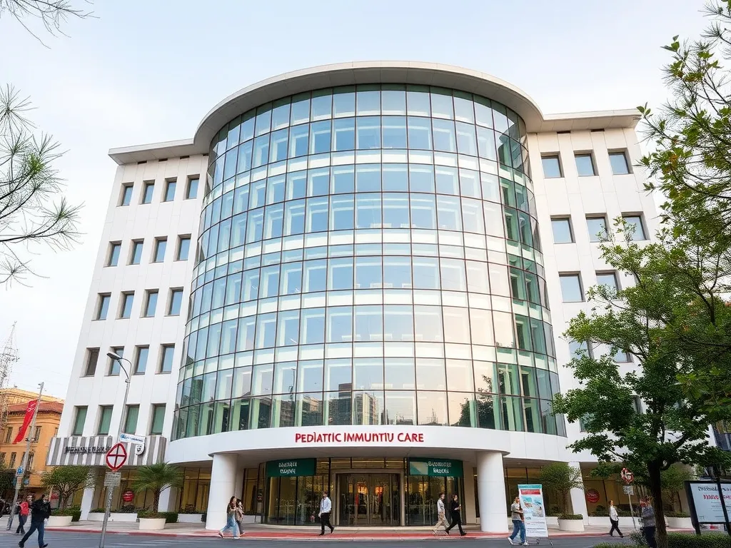 Prominent hospital building in Turkey known for pediatric immunology care, modern architecture, bustling healthcare environment