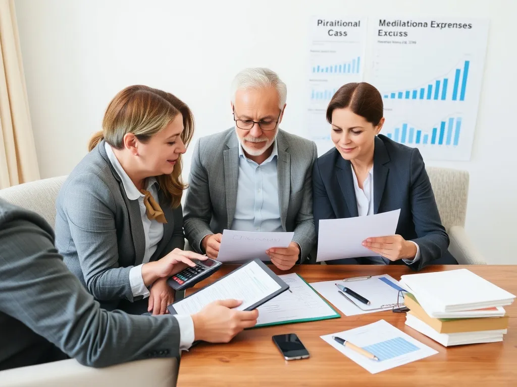 Financial planner discussing medical expenses with a couple, calculator, documents, and budgeting visualizations, professional and organized setting