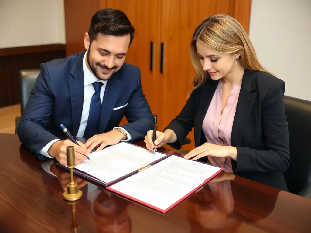 Formal setting with couple signing legal documents, official and professional environment, emphasizing legal aspects