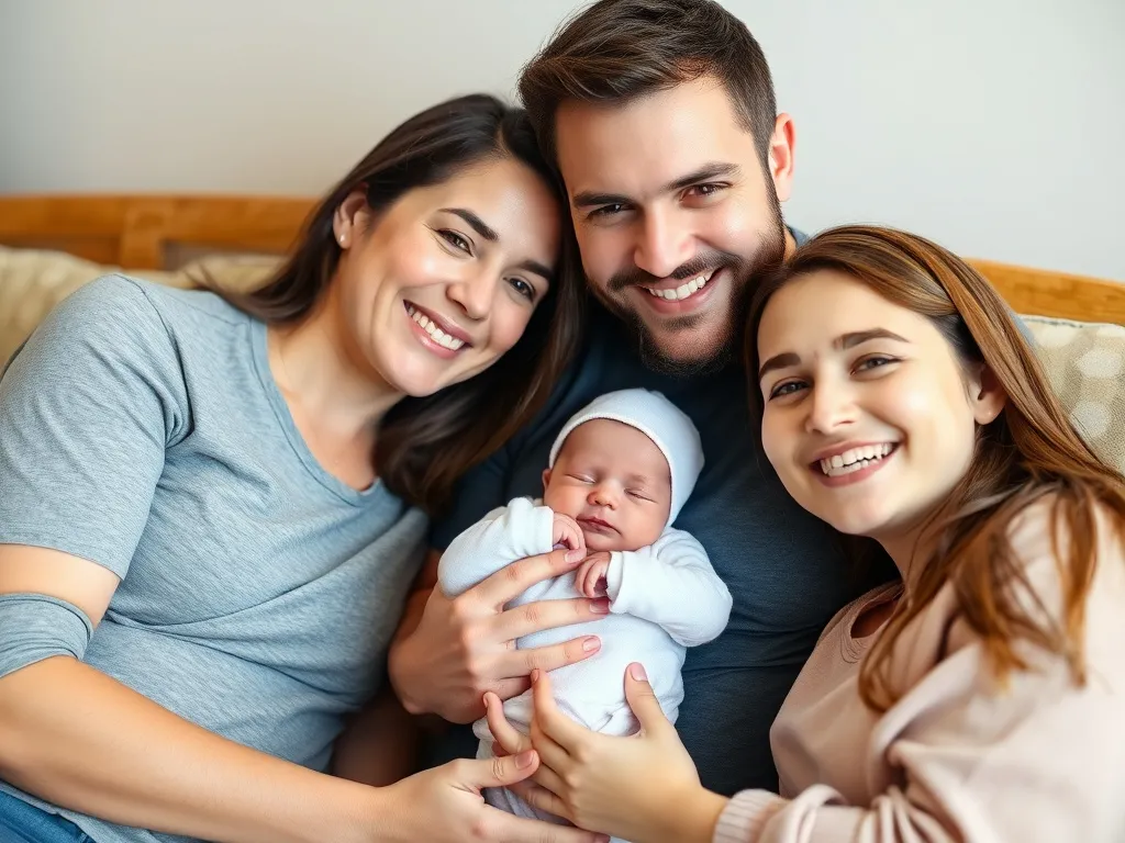 Happy couples with a newborn baby, celebrating successful fertility treatments, warm and joyful atmosphere