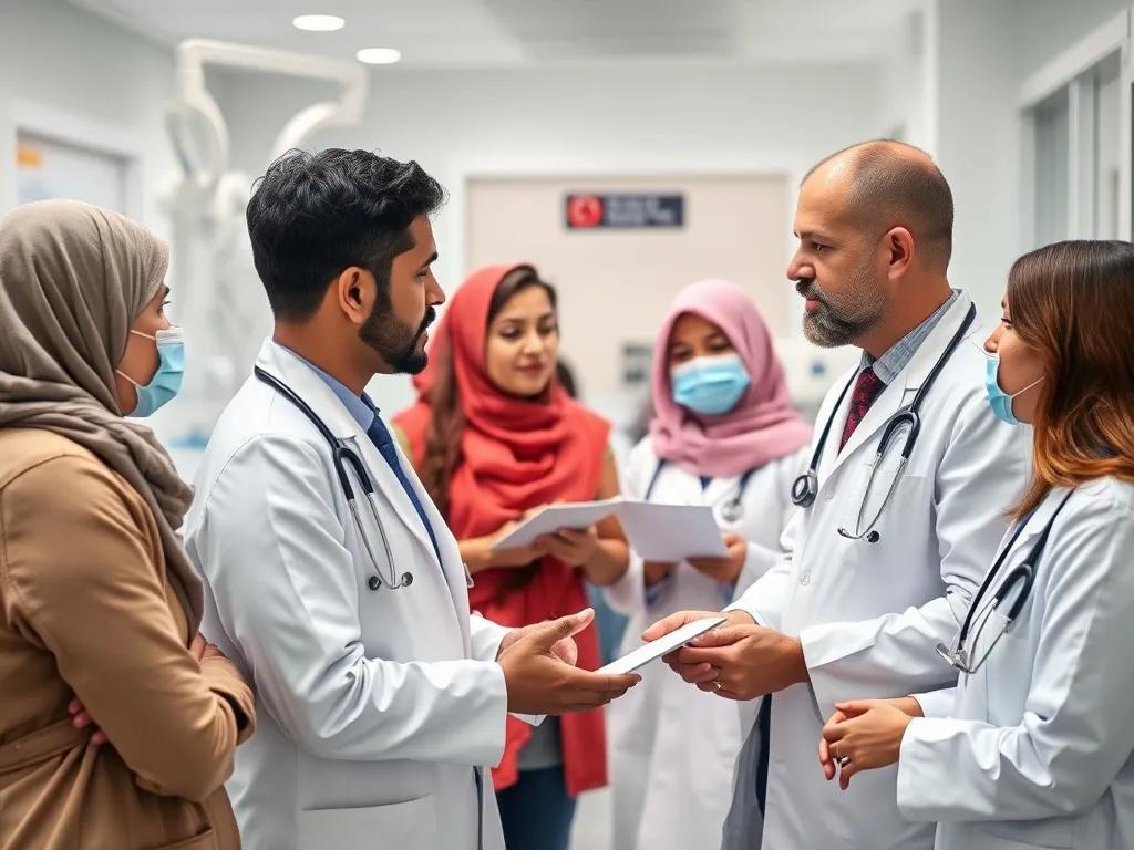 International patients consulting with doctors in a modern Turkish medical facility, diverse ethnicities, professional setting, high-tech equipment